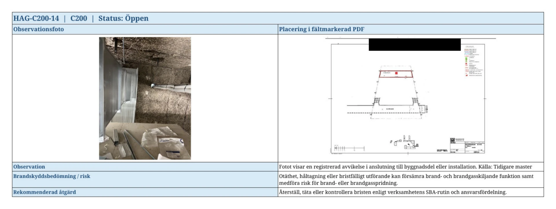 Exempel på fotobaserad SBA-rapport med observation och ritningsplacering